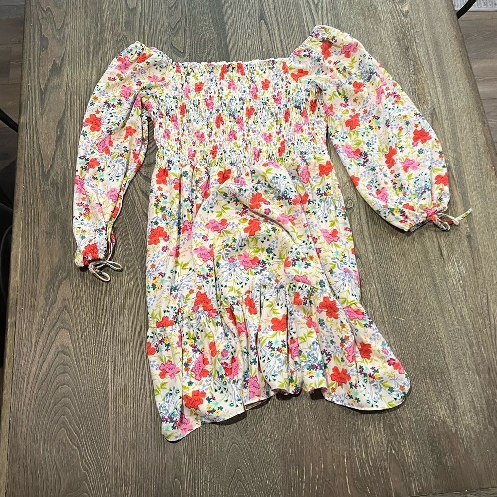 LC Lauren Conrad Smocked Mini Dress Balloon Sleeves Floral Multicolor Large